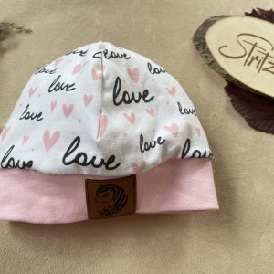 Mütze 49-51"Love" weiß/rosa mit Einhorn