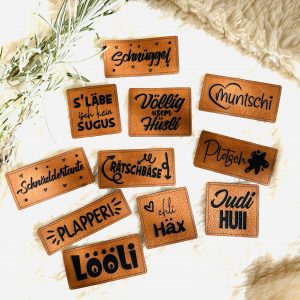 Label schweizerdeutsch "Plotsch" 5 Lederlabel Schweiz schweizerdeutsch